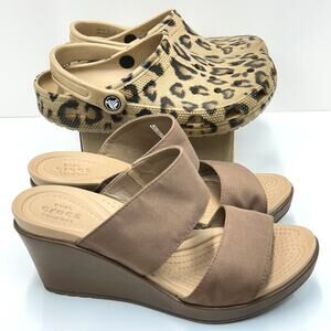 Crocs Lot of 2 HEELS Leigh II Wedge Sandals + Classic CLOGS Leopard Size 7 Tan